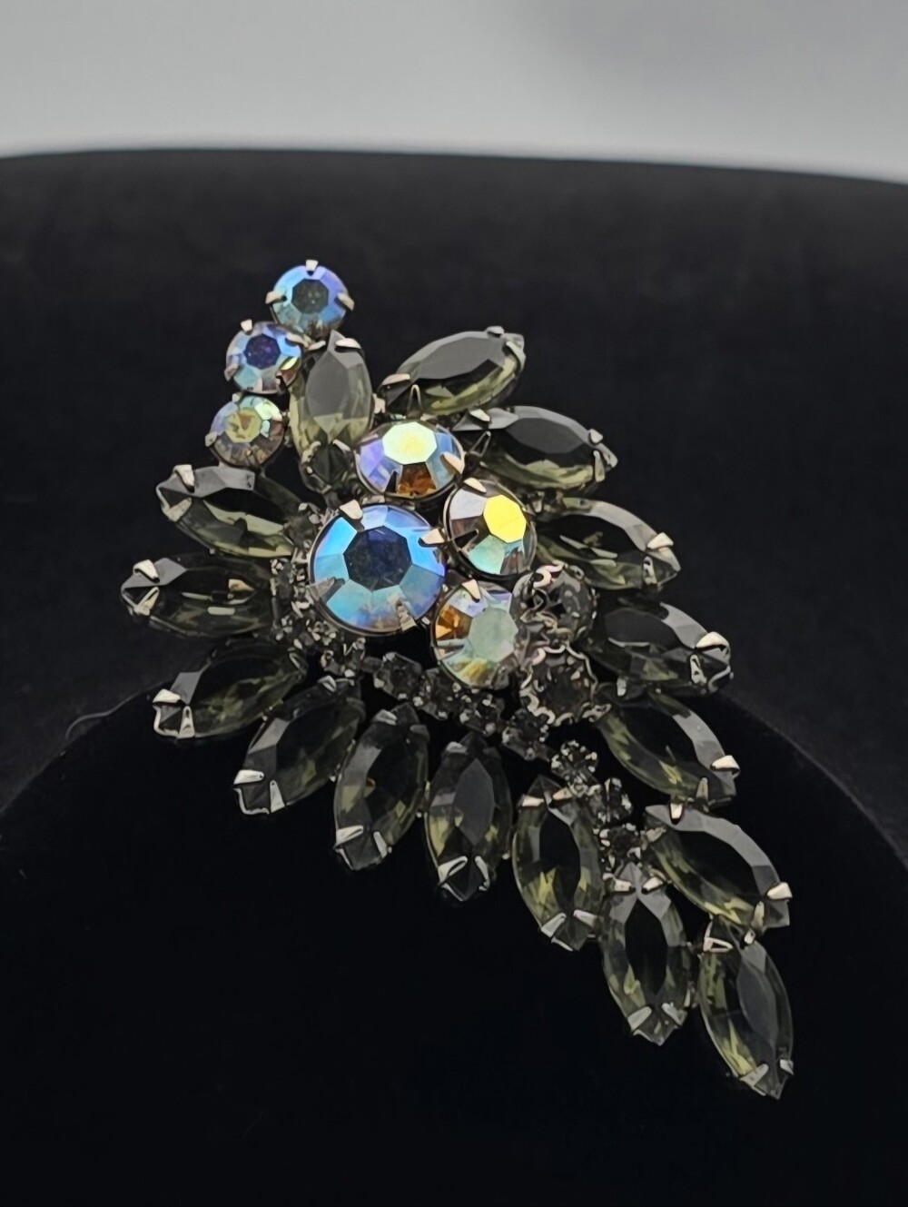 Vintage Juliana Brooch, Smoky Olive Green Navette & AB Crystal Grape Cluster